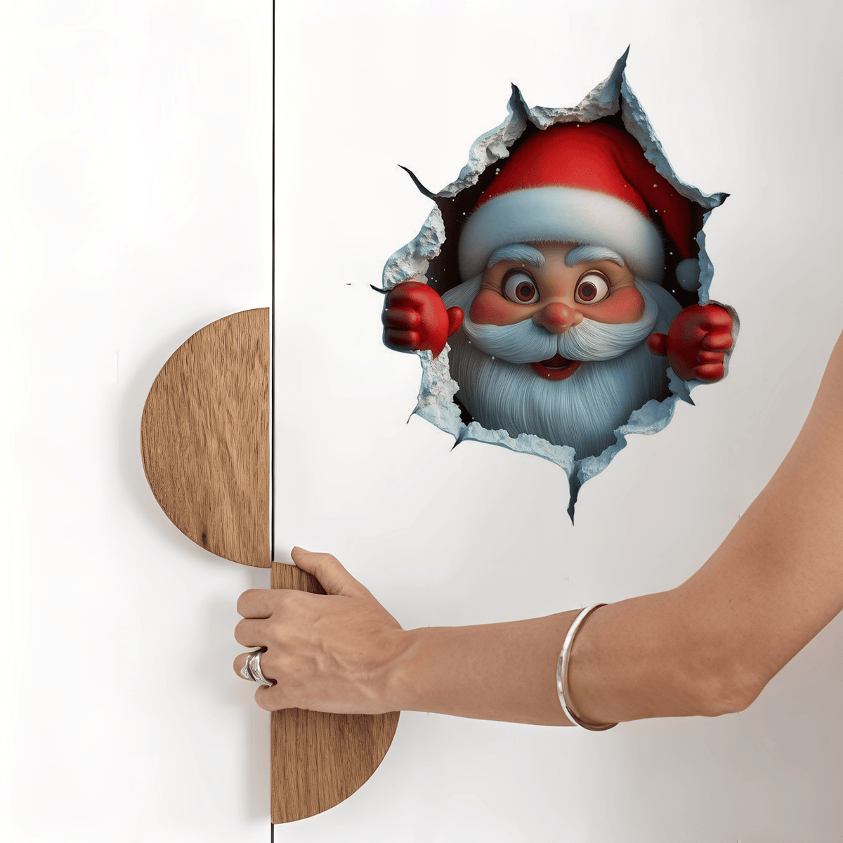 🎅 Jultomte Genom Väggen – 3D Juldekal för Hemmet