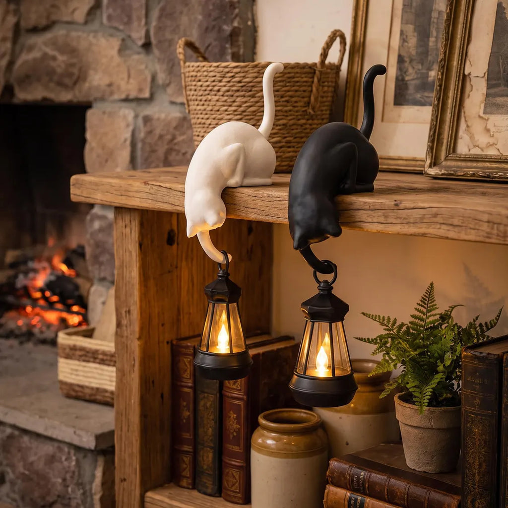 🐈‍Nordisk Katthyllsdekoration med LED-lampa – Mysig Inredningsdetalj för Hemmet
