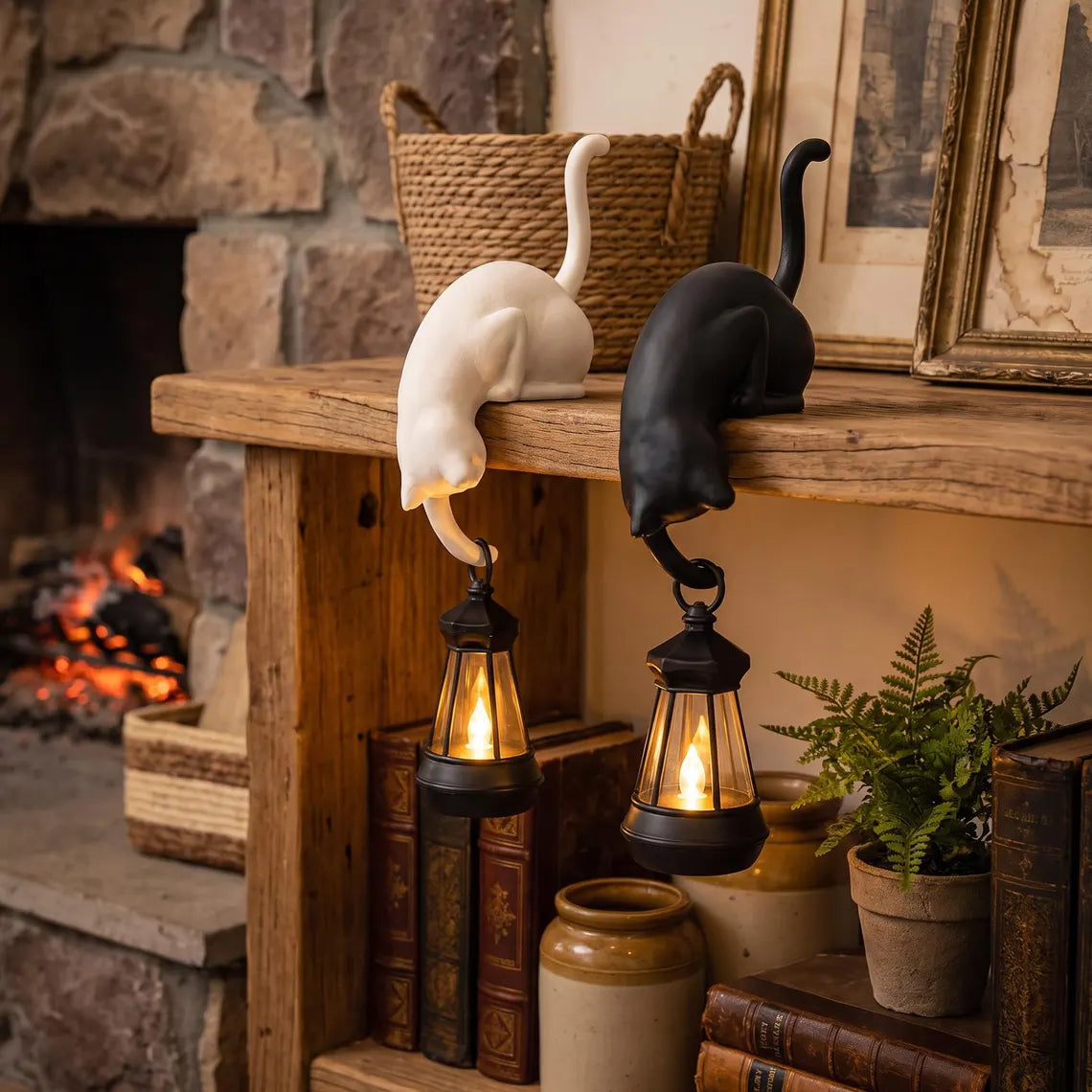 🐈‍Nordisk Katthyllsdekoration med LED-lampa – Mysig Inredningsdetalj för Hemmet