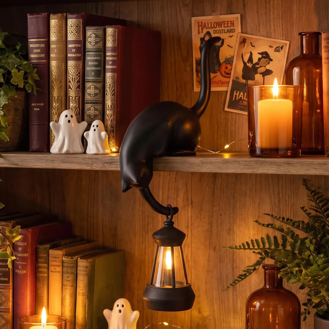 🐈‍Nordisk Katthyllsdekoration med LED-lampa – Mysig Inredningsdetalj för Hemmet
