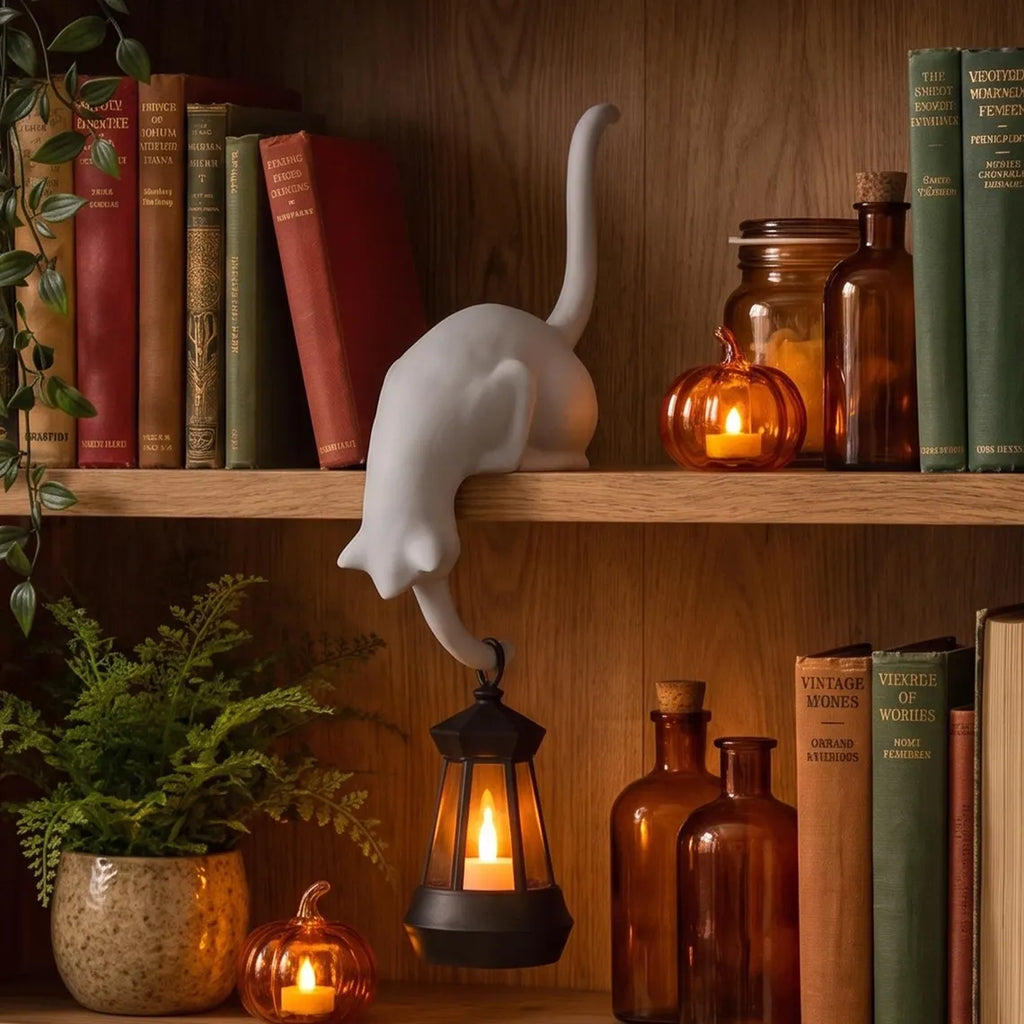 🐈‍Nordisk Katthyllsdekoration med LED-lampa – Mysig Inredningsdetalj för Hemmet