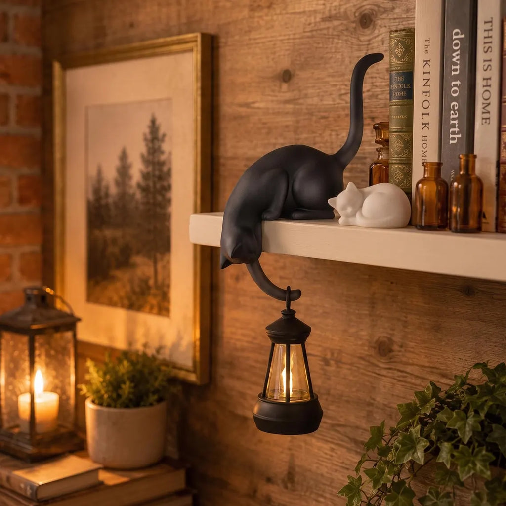 🐈‍Nordisk Katthyllsdekoration med LED-lampa – Mysig Inredningsdetalj för Hemmet