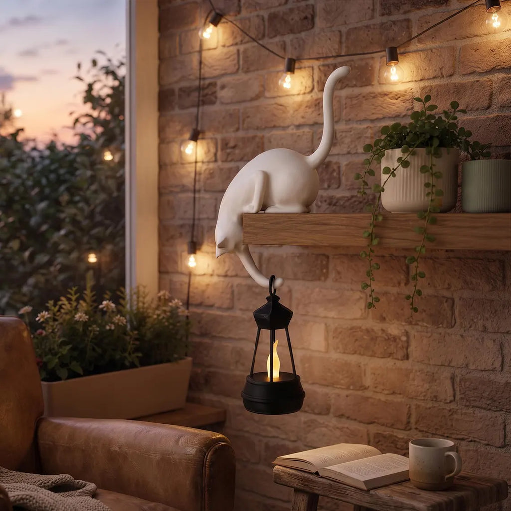 🐈‍Nordisk Katthyllsdekoration med LED-lampa – Mysig Inredningsdetalj för Hemmet